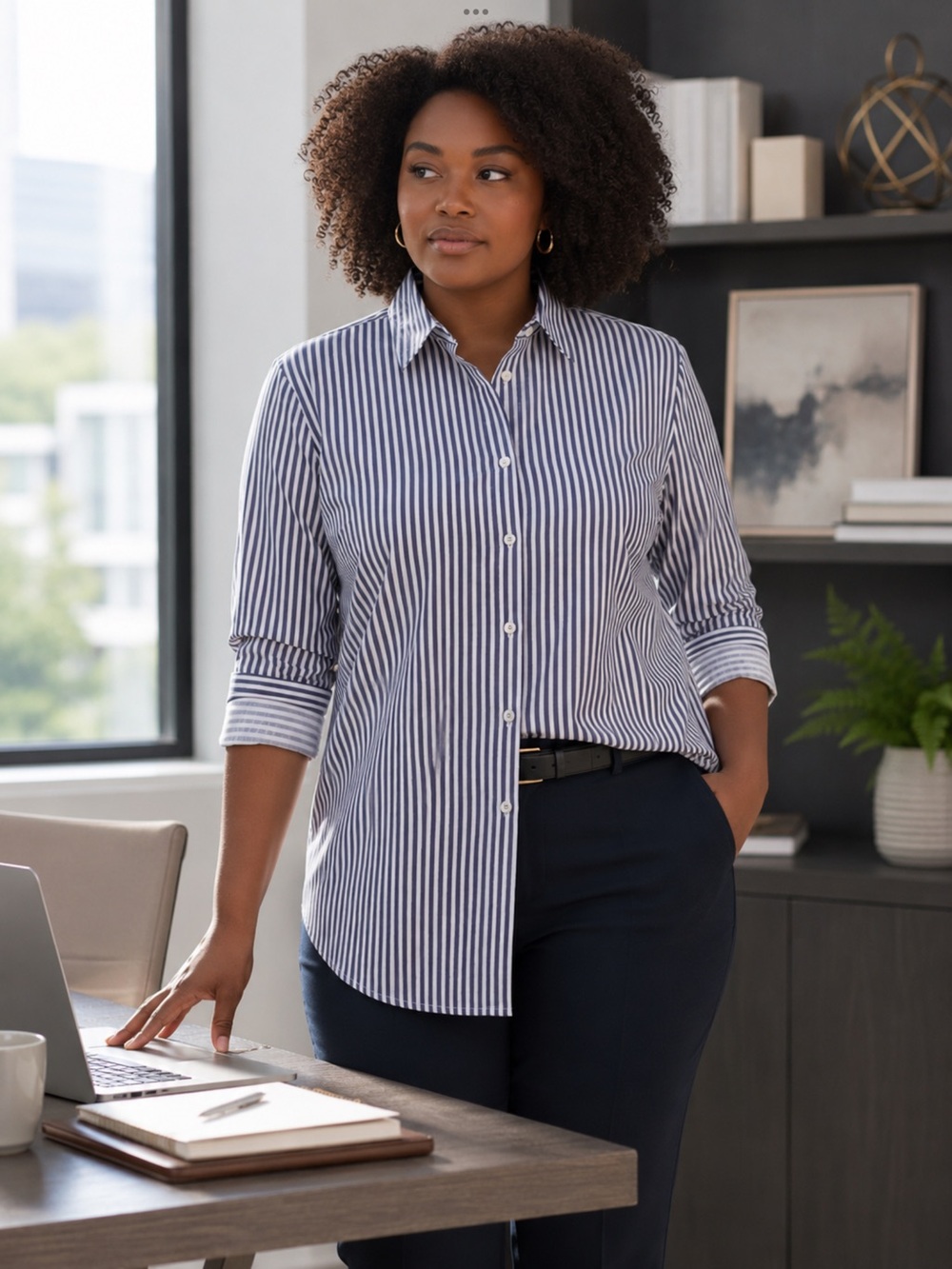 CJ Banks Navy and White Striped Button-Down Shirt size 2x